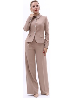 Önder Özsoy Gömlek Yaka Klasik Ceket &  Korsaj Kemer Palazzo Pantolon-Taş