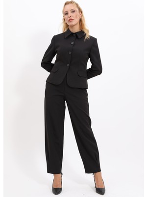 Önder Özsoy Gömlek Yaka Klasik Ceket &  Paçası Pileli Pantolon-Siyah