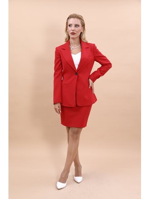 Önder Özsoy Erkek Yaka Tek Düğmeli Klasik Ceket &  Yırtmaçlı Düz Dar Etek-Kırmızı