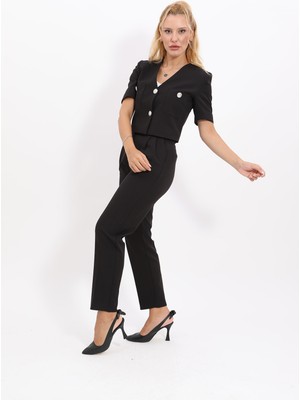 Önder Özsoy  Kısa Kollu Yakasız Mini Ceket & Pileli  Boru Paça Pantolon Takım-Siyah