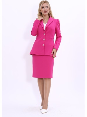Önder Özsoy Erkek Yaka Kolu Büzgülü Ceket &  Düz Dar Etek-Fuşya