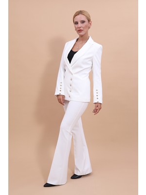 Önder Özsoy Erkek Yaka Düğme Detaylı Ceket & İspanyol Paça Pantolon-Beyaz