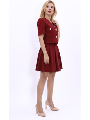 Önder Özsoy V Yaka  Kısa Ceket & Kısa Kloş Etek-Bordo