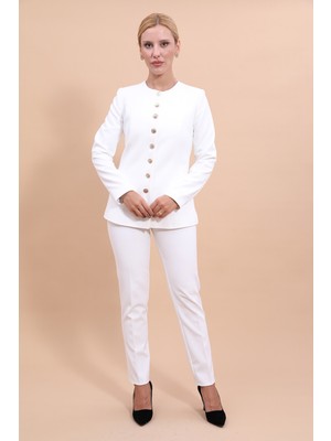 Önder Özsoy Sıfır Yaka Boydan Düğmeli Ceket & Dar Paça Pantolon-Beyaz
