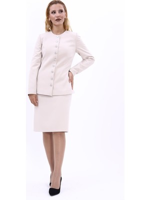 Önder Özsoy Sıfır Yaka Boydan Düğmeli Ceket & Düz Dar Etek-Bej