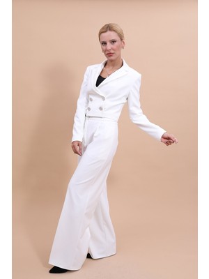 Önder Özsoy Erkek Yaka Kuruvaze Kısa Ceket & Korsaj Kemer Yüksek Bel Palazzo Pantolon-Beyaz