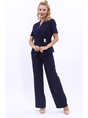 Önder Özsoy Hakim Yaka Yandan Tokalı Çapraz Ceket & Bol Paça Pantolon-Lacivert