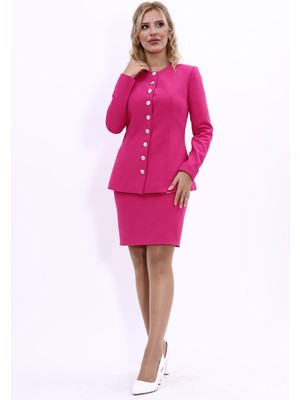 Önder Özsoy Sıfır Yaka Boydan Düğmeli Ceket & Yırtmaçlı Düz Dar Etek-Fuşya