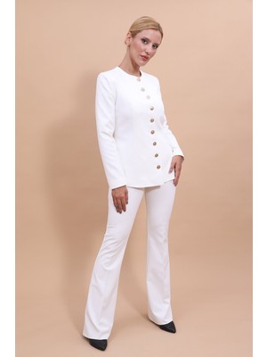 Önder Özsoy Sıfır Yaka Boydan Düğmeli Ceket & İspanyol Paça Pantolon-Beyaz