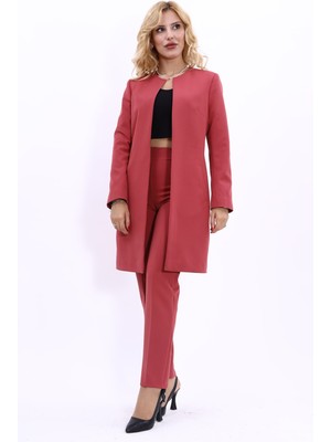Önder Özsoy Kadın Sıfır Yaka Düz Uzun Ceket & Dar Paça Pantolon Kiremit Şık Kombin