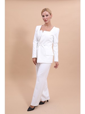 Önder Özsoy Kare Yaka Ceket & Bol Paça Pantolon-Beyaz