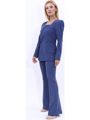 Kare Yaka Ceket & İspanyol Paça Pantolon-İndigo
