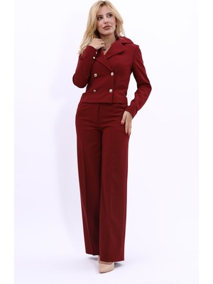Önder Özsoy Gömlek Yaka Kuruvaze Kısa Ceket &  Korsaj Kemer Palazzo Pantolon-Bordo