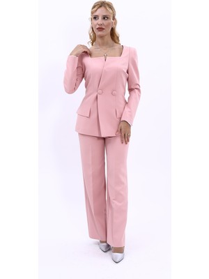 Kare Yaka Ceket & Bol Paça Pantolon-Pudra