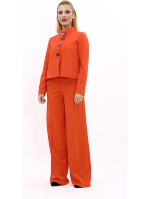 Oval Dik Yaka Kısa Ceket &  Korsaj Kemer Palazzo Pantolon-Turuncu