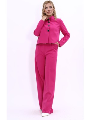 Önder Özsoy Oval Dik Yaka Kısa Ceket &  Korsaj Kemer Palazzo Pantolon-Fuşya