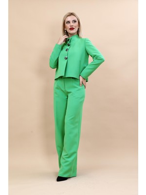 Önder Özsoy Oval Dik Yaka Kısa Ceket &  Korsaj Kemer Palazzo Pantolon-Yeşil