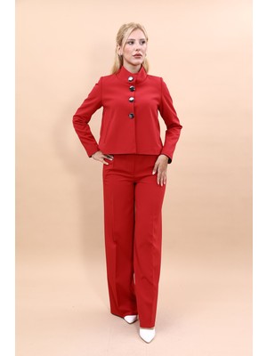Önder Özsoy Oval Dik Yaka Kısa Ceket &  Korsaj Kemer Palazzo Pantolon-Kırmızı
