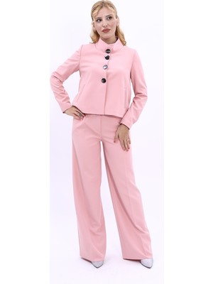 Önder Özsoy Oval Dik Yaka Kısa Ceket &  Korsaj Kemer Palazzo Pantolon-Pudra