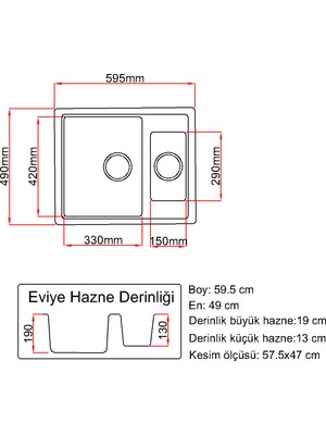 Granite Rising 1,5 Gözlü- Gri Renk - 60X50 cm Granit Eviye