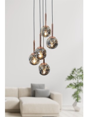 Woodhub Mona 5 Li Bakır-Siyah Metal Gövde Füme Camlı Tasarım Lü x  Sarkıt Avize