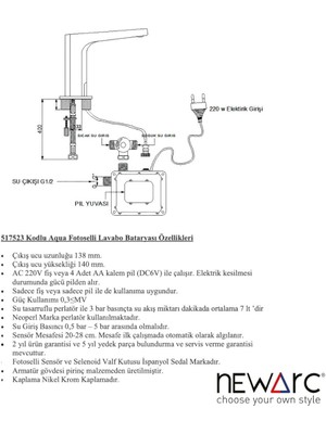 Newarc Aqua Fotoselli Lavabo Bataryası 517523