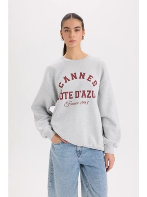 DeFacto Oversize Geniş Kalıp Bisiklet Yaka Baskılı Kalın Sweatshirt D9803AX24WN