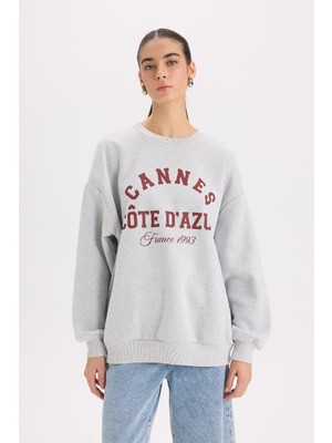 DeFacto Oversize Geniş Kalıp Bisiklet Yaka Baskılı Kalın Sweatshirt D9803AX24WN