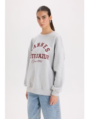 DeFacto Oversize Geniş Kalıp Bisiklet Yaka Baskılı Kalın Sweatshirt D9803AX24WN