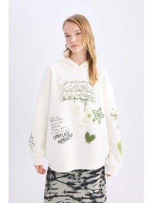 DeFacto Coool Oversize Geniş Kalıp Kapüşonlu Sırt Baskılı Kalın Sweatshirt D6705AX24WN