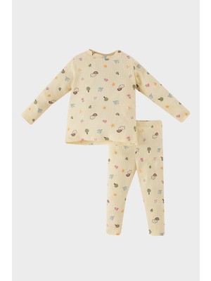 DeFacto Kız Bebek Pijama Takımı Desenli Bisiklet Yaka Uzun Kollu Fitilli Kaşkorse Üst Uzun Alt D5376A524WN