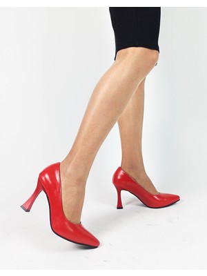 Hakiki Deri Kırmızı Renk Kadeh Topuk Kadın Stiletto