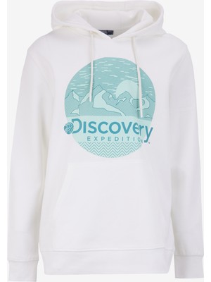 Discovery Expedition Kırık Beyaz Kapüşon Yaka Relaxed Fit Baskılı Sweatshirt D4WM-SWT3257