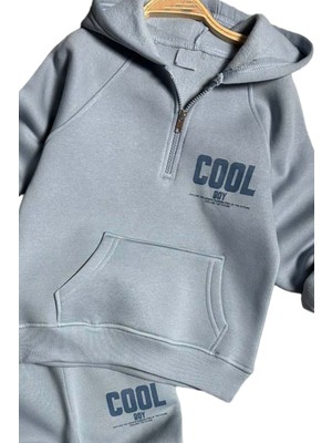 Erkek Çocuk Cool Boy Baskılı Fermuarlı Yaka Cepli Sweatshirt Buz Mavisi Eşofman Takım