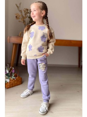 Kız Çocuk Pano Çiçek Baskı Bisiklet Yaka Kazak Lila Eşofman Takım