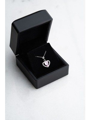 Silvano Jewelry 925 Ayar Gümüş Işıklı Kutu Pembe Taşlı Kalp Kolye