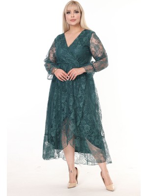 Kruvaze Yaka Uzun Kol Büyük Beden Dantel Elbise 16C-2602