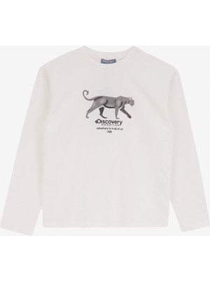 Discovery Expedition Kırık Beyaz Erkek Çocuk Bisiklet Yaka Relaxed Fit Baskılı Uzun Kollu T-Shirt D4WB-TST3070
