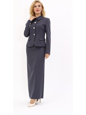 Önder Özsoy Gömlek Yaka Klasik Ceket &  Uzun Düz Dar Etek-Füme