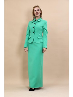 Önder Özsoy Gömlek Yaka Klasik Ceket &  Uzun Düz Dar Etek-Yeşil
