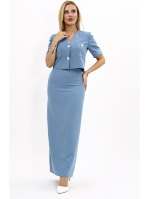 Önder Özsoy V Yaka  Kısa Ceket & Uzun Düz Dar Etek-Deniz