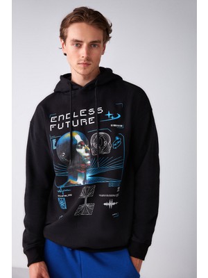 Warrıor Erkek Içi Polarlı Metaverse Baskılı Kapüşonlu Kordonlu Siyah Sweatshirt