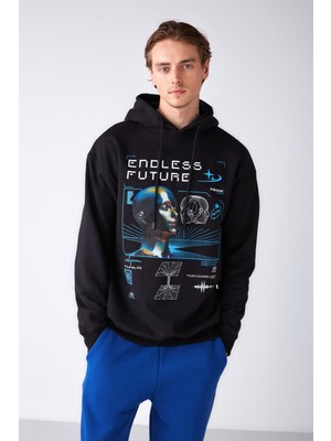 Warrıor Erkek Içi Polarlı Metaverse Baskılı Kapüşonlu Kordonlu Siyah Sweatshirt