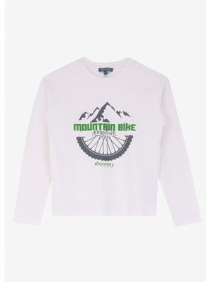 Discovery Expedition Beyaz Erkek Bisiklet Yaka Relaxed Fit Baskılı Uzun Kollu T-Shirt D4WB-TST3057