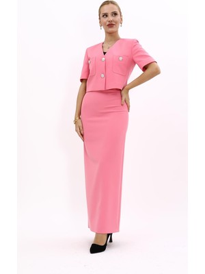 Önder Özsoy V Yaka  Kısa Ceket & Uzun Düz Dar Etek-Pembe