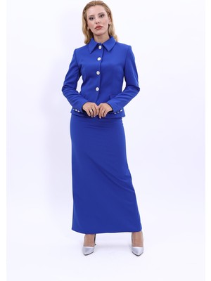 Önder Özsoy Gömlek Yaka Klasik Ceket &  Uzun Düz Dar Etek-Saks