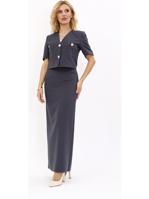 Önder Özsoy V Yaka  Kısa Ceket & Uzun Düz Dar Etek-Füme