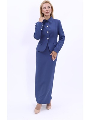 Önder Özsoy Gömlek Yaka Klasik Ceket &  Uzun Düz Dar Etek-İndigo