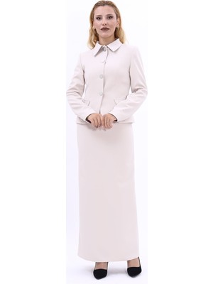 Önder Özsoy Gömlek Yaka Klasik Ceket &  Uzun Düz Dar Etek-Bej