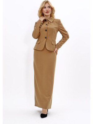 Önder Özsoy Gömlek Yaka Klasik Ceket &  Uzun Düz Dar Etek-Camel